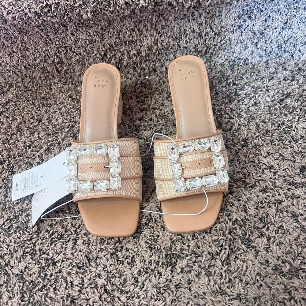 A New Day Women’s Raffia Mule Heels Size 8 Beige Jeweled Slide Sandals NWOB
